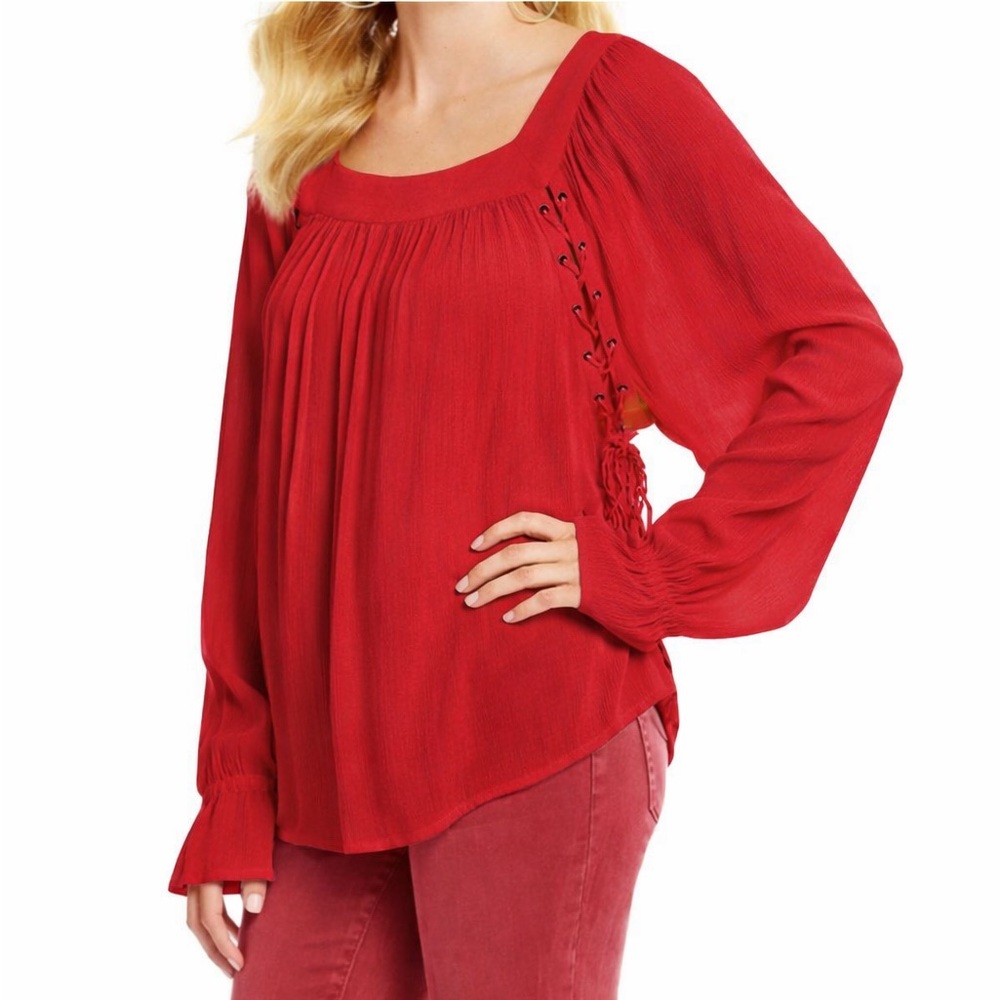 NWT Jessica Simpson Red Bailey Long Sleeve Lace Up Boho Blouse Womens S NEW
